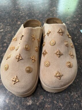 Outwoods Beige Suede Slip-On Clogs with Gold Stud Embellishments